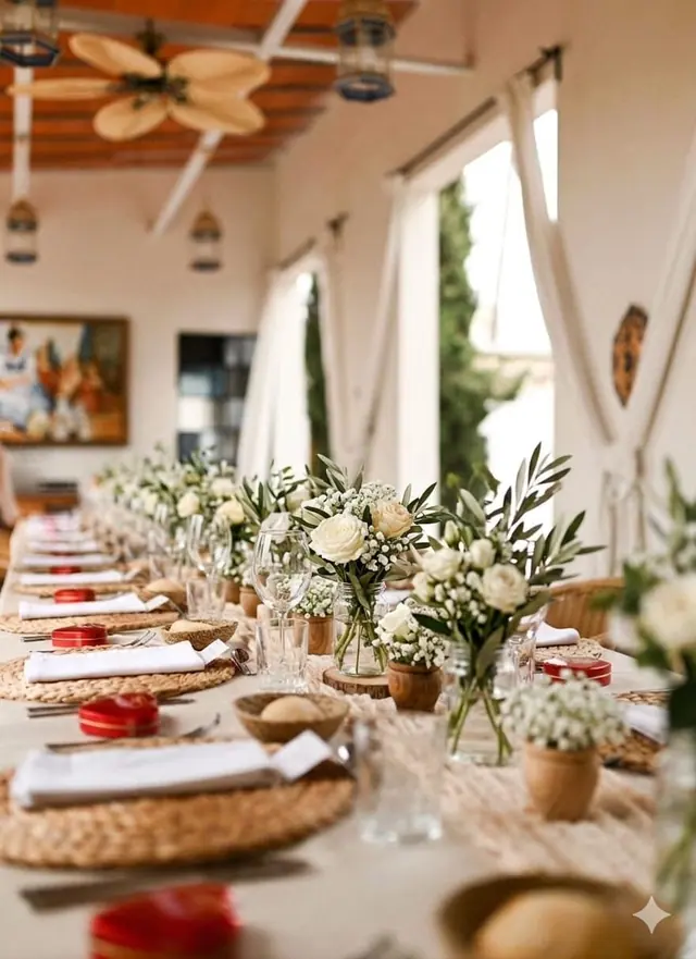 Mesa larga puesta con flores y olivo en Villa Paula