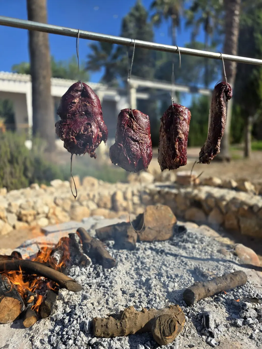 Carne ahumándose sobre la brasa en el jardín de Villa Paula, Valencia